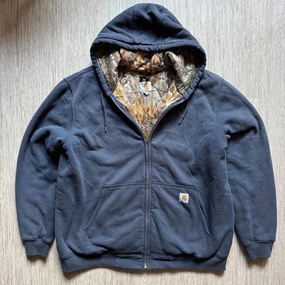 Carhartt Vintage Real Tree Camo Lined Hoodie Sweatshirt Heavy Weight Men XL Blue